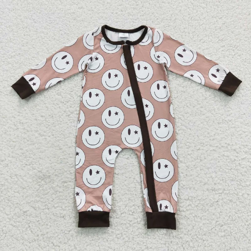 LR0332   Brown Smile Emoji Zipper Girls Long Sleeve Romper Bold Men's Statement