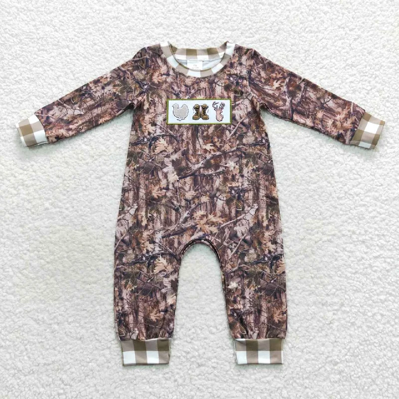 LR0527  Christmas Green Camo Deer Cartoon Embroidery Boys Long Sleeve Romper Practical Men's Quick