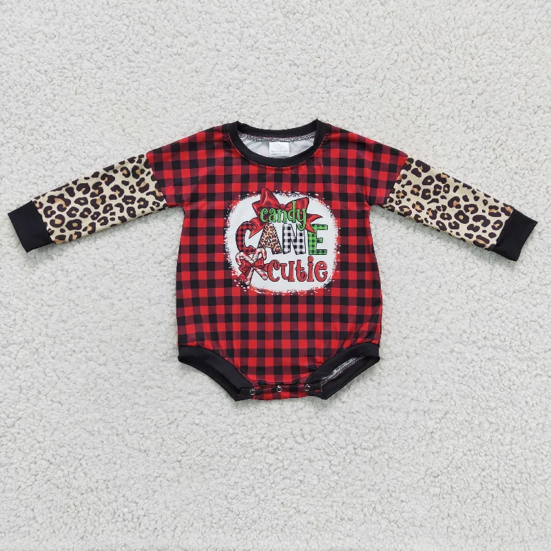 LR0214 Christmas Red Black Plaid Candy Cutie Cane Leopard Girls Long Sleeve Romper Trendy Men's Scandinavian