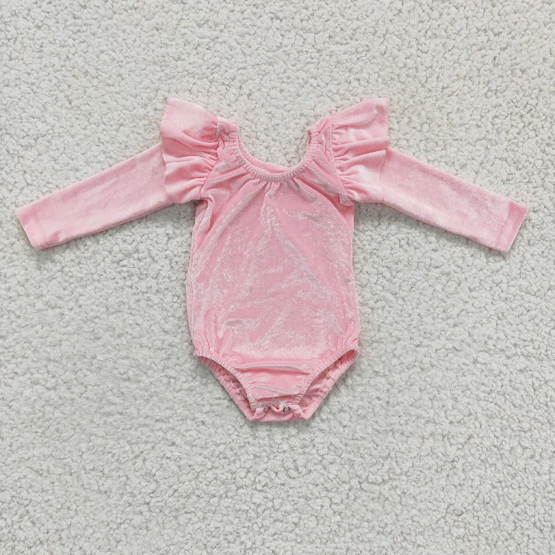 LR0213 Plain Pink Ruffles Velvet  Girls Long Sleeve Romper Vacation