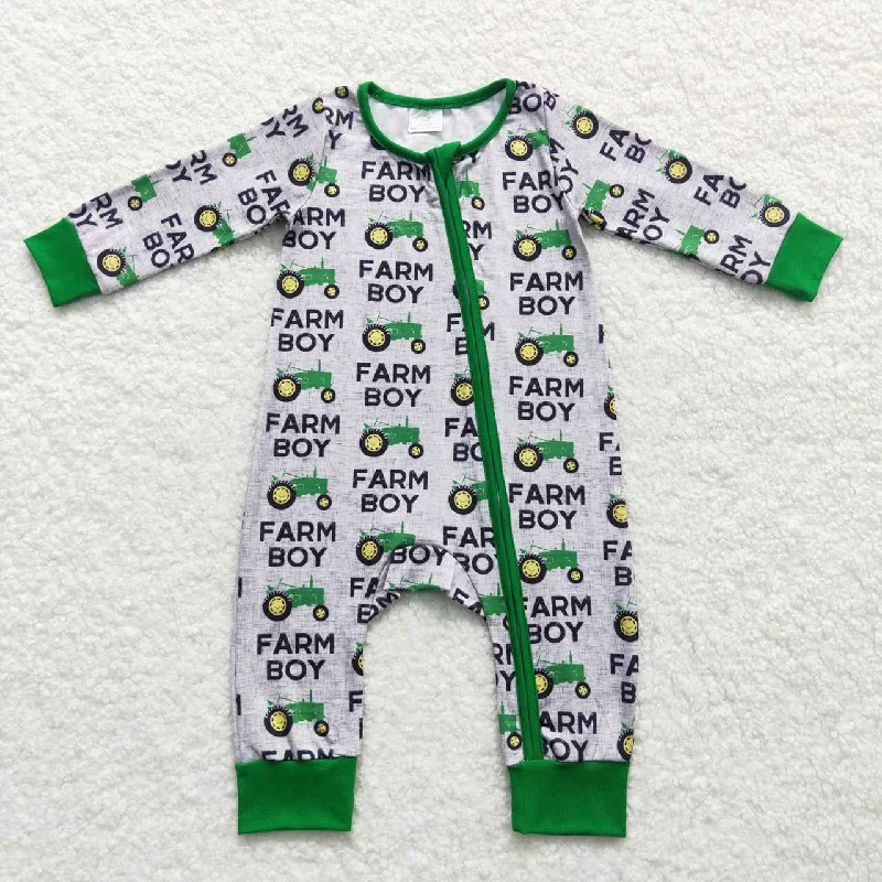 LR0688 Green Farm Boy Truck Zipper Boys Long Sleeve Romper Practical Men's Quick