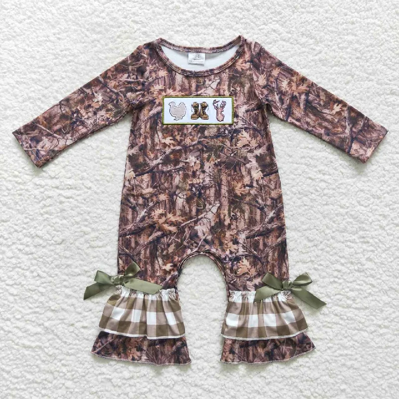 LR0526  Christmas Green Camo Deer Cartoon Embroidery Girls Long Sleeve Romper Sleek Men's Contemporary 