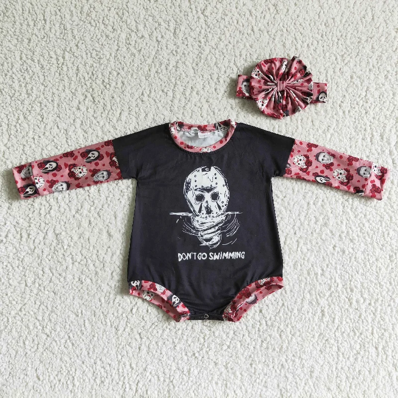 LR0124 Halloween Pink Floral Ghost Cartoon Headband Bow 3pcs Girls Long Sleeve Romper Modern Men's Geometric