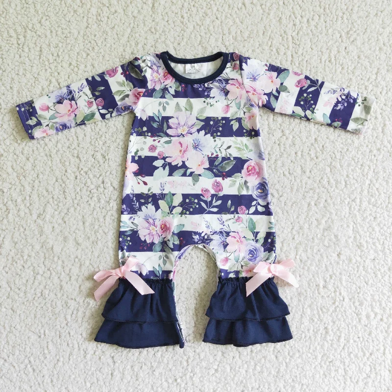 LR0063 Blue Purple Stripes Floral Girls Long Sleeve Romper Casual Men's Japanese 