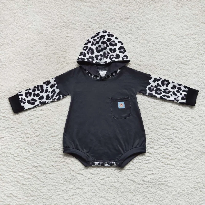 LR0594 Black Leopard  Hoodies Girls Long Sleeve Romper Cozy Men's Winter