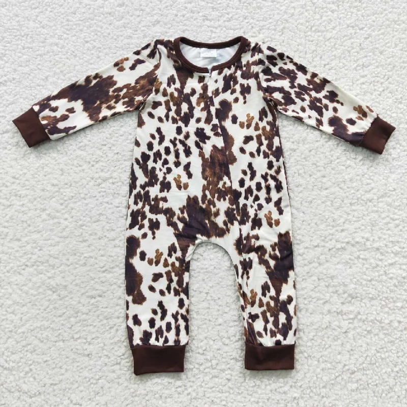 LR0308 Brown Cow Print   Zipper Girls Long Sleeve Romper Athletic Men's High