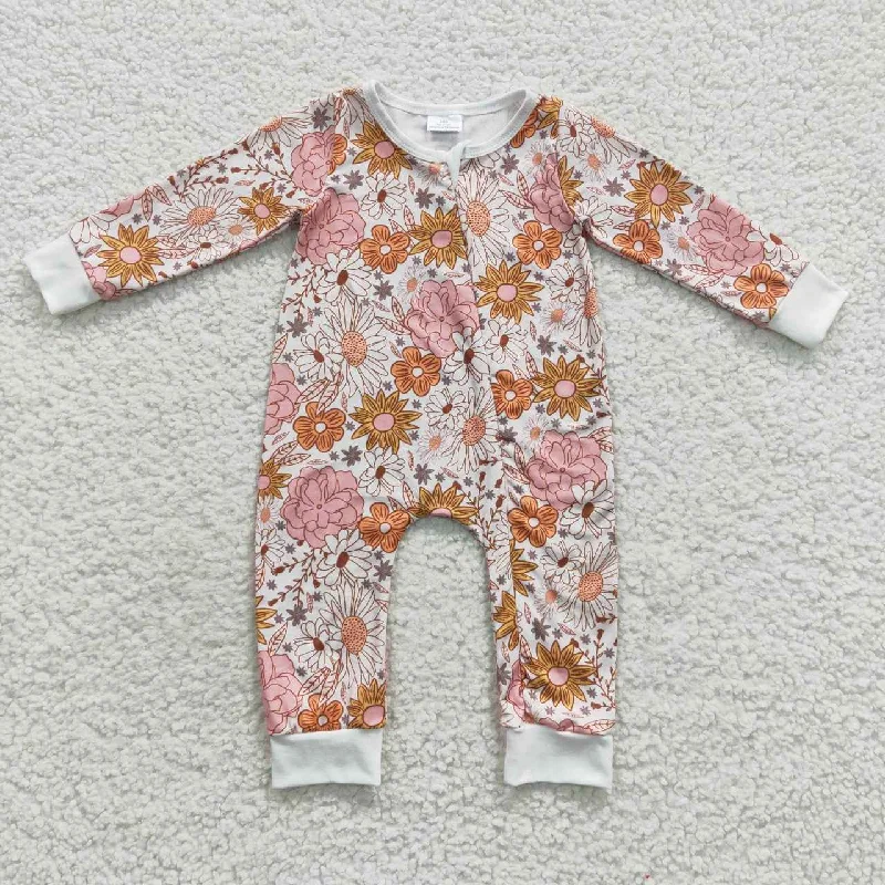 LR0460 Pink Floral Zipper Girls Long Sleeve Romper Unique Men's Patch