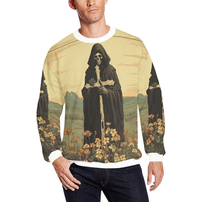 Men's Vintage Gothic Skull & Cross Fuzzy Sweatshirt Monochromatic Office Style