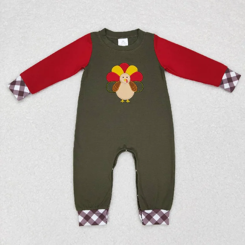 LR0670 Thanksgiving Turkey Red Green Embroidery  Boys Long Sleeve Romper Business