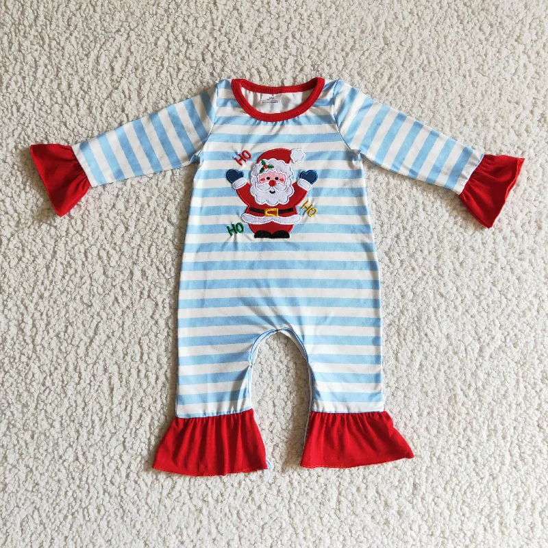 LR0120 Christmas Ho Santa Blue Red Stripes Embroidery Girls Long Sleeve Romper Unique Men's Upcycled