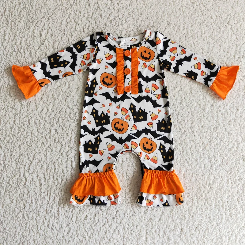 Clearance 6 A16-21 Halloween Pumpkin Bat Black Orange Girls Long Sleeve Romper Confident Men's Power