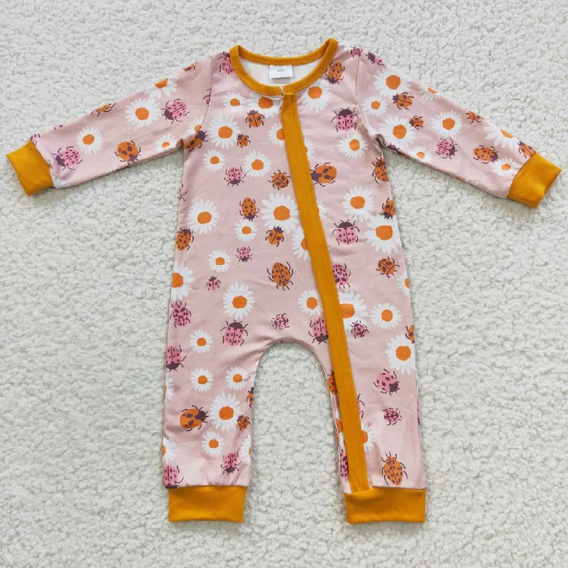 LR0311  Orange Yellow Floral Zipper Girls Long Sleeve Romper Business