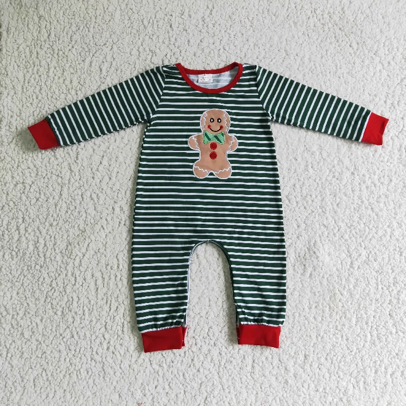 6 A27-2 Christmas Gingerbread Red Green Stripes Embroidery Boys Long Sleeve Romper Edgy Men's Punk