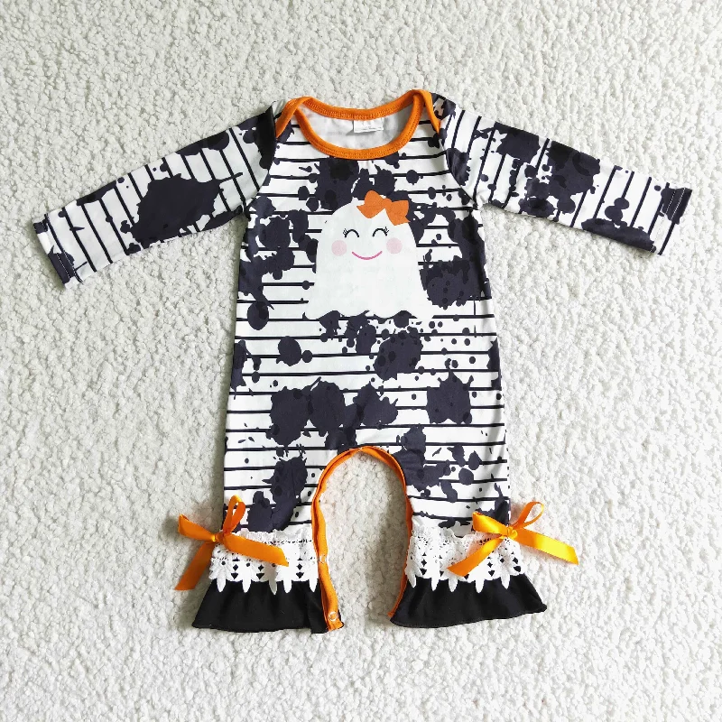 6 B1-31 Halloween Orange Ghost Cartoon Black Stripes Girls Long Sleeve Romper Minimalist Men's Casual 