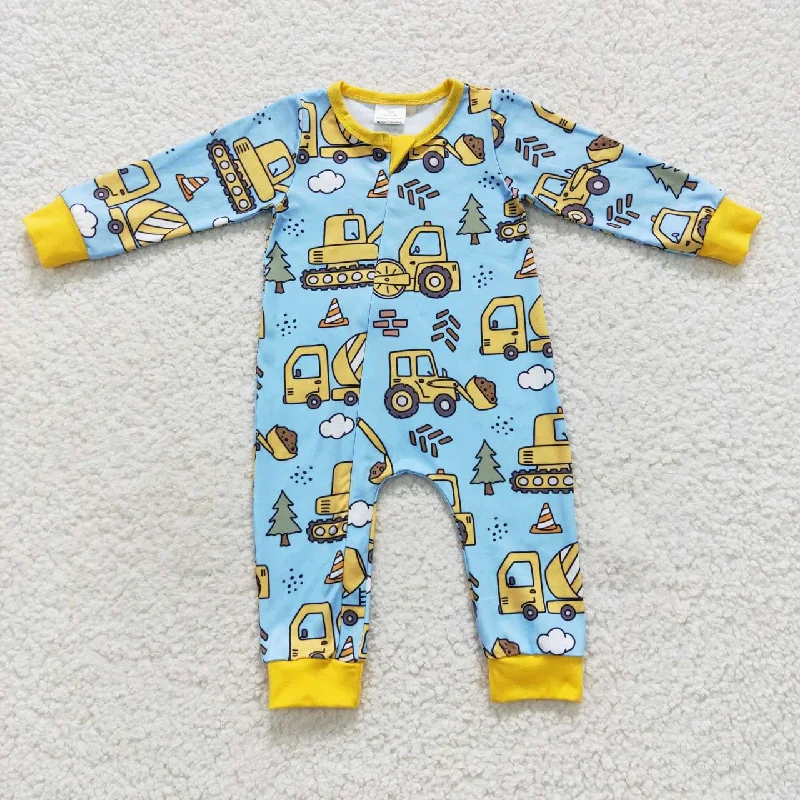 LR0492 Yellow Blue Truck Zipper Girls Long Sleeve Romper Confident Men's High