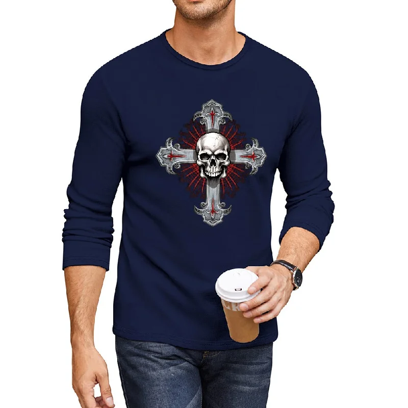 Men's Gothic Skull Cross CrewNeck Long Sleeve T-shirt Dynamic Men's Moto