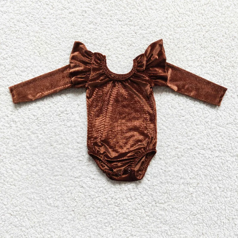 LR0207 Plain Brown Ruffles Velvet Girls Long Sleeve Romper Artistic Men's Avant