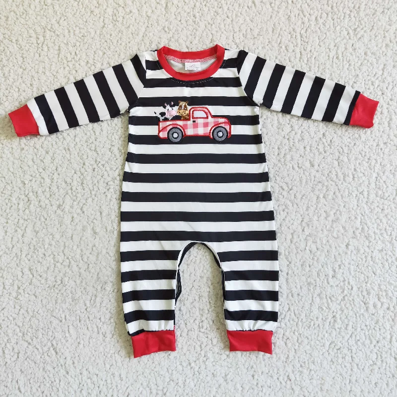 LR0016 Farm Life Cow Car Red Black Stripes Embroidery Boys Long Sleeve Romper Relaxed Men's Australian 