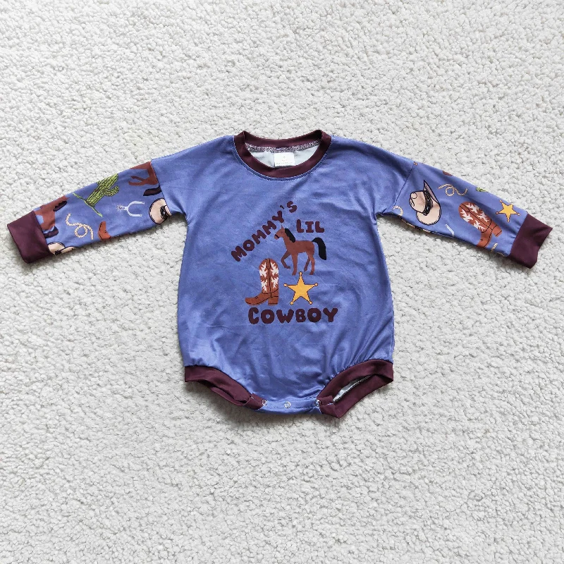 LR0229 Blue Mommy Lil Cowboy Horses Boots Western Girls Long Sleeve Romper Sporty Men's Athleisure 