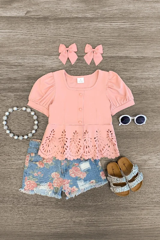 Pink Painted Rose Denim Short Set Monochromatic All