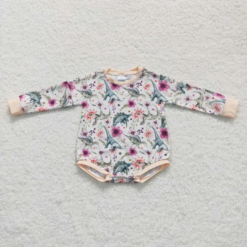 LR0436 Pink Floral Dinosaur Girls Long Sleeve Romper Casual Men's Short