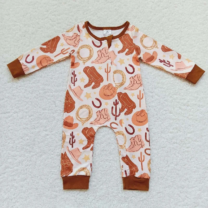 LR0431 Orange Cowboy Boots Zipper Girls Long Sleeve Romper Earthy Men's Sustainable 