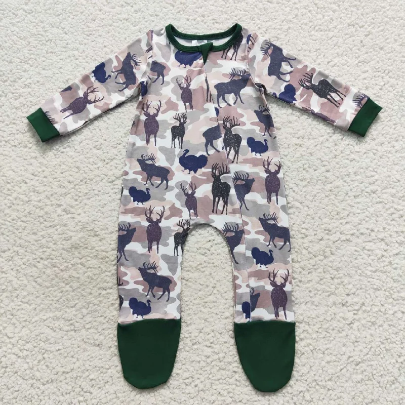 LR0519 Green Deer Zipper Girls Long Sleeve Romper Sporty Men's Athleisure 