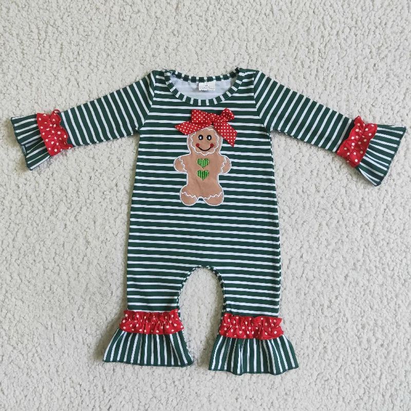 6 C10-6 Christmas Green Red Gingerbread Cartoon Embroidery Girls Long Sleeve Romper Lumberjack