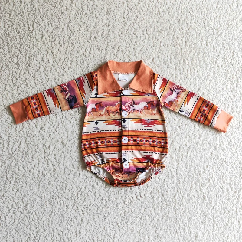 LR0181 Horses Cowboy Brown Western Stripes Collar Girls Long Sleeve Romper Casual Men's Loose