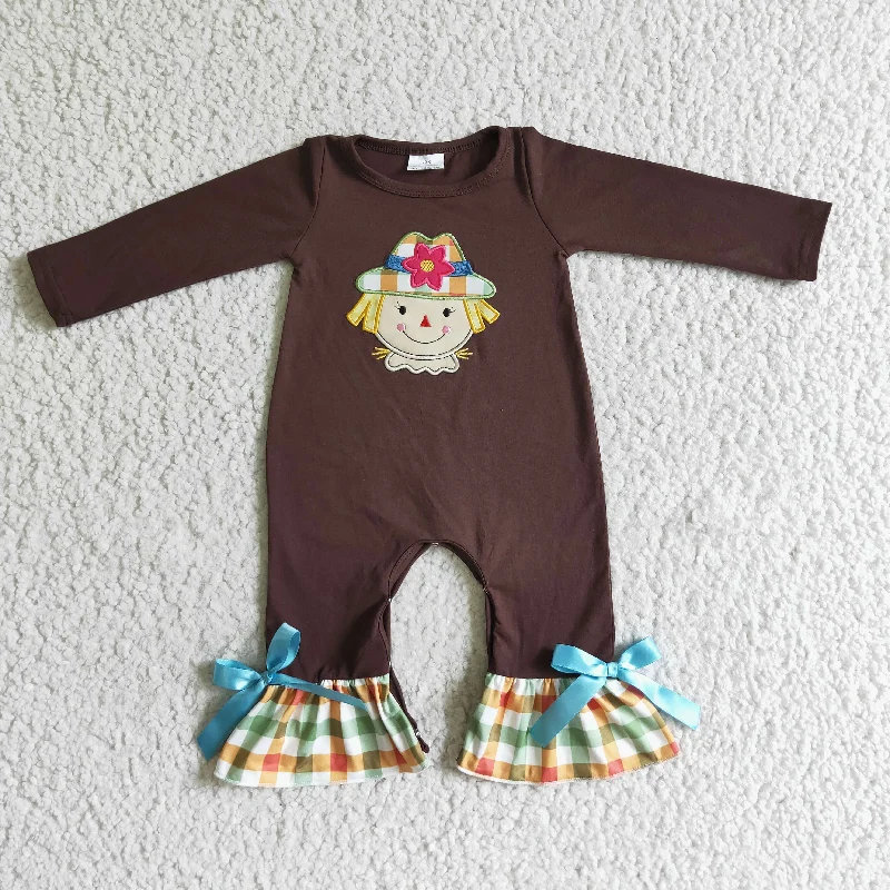 LR0035 Brown Scarecrow Plaid Embroidery Girls Long Sleeve Romper Trendy Men's Scandinavian