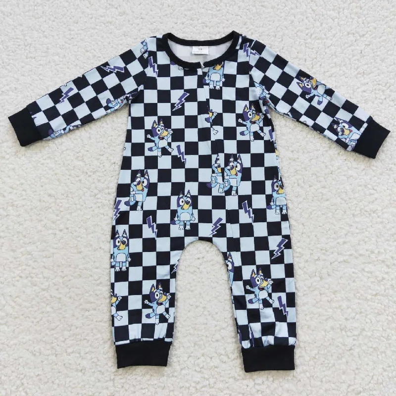 LR0303 Black Plaid Blue Dog Cartoon  Print   Zipper Girls Long Sleeve Romper Elegant Men's Formal 