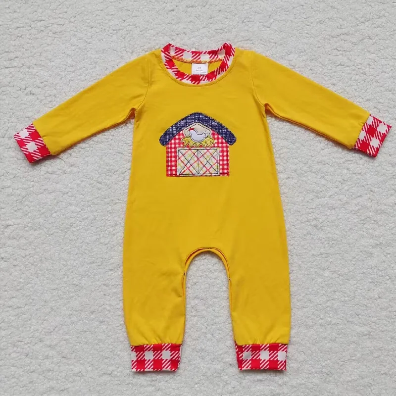 LR0384 Thanksgiving Chicken Red Yellow Embroidery Boys Long Sleeve Romper Trendy Men's Oversized