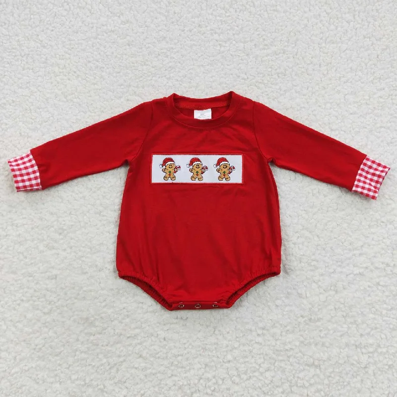 LR0394 Christmas Gingerbread Red Embroidery Girls Long Sleeve Romper Classic Men's Pin