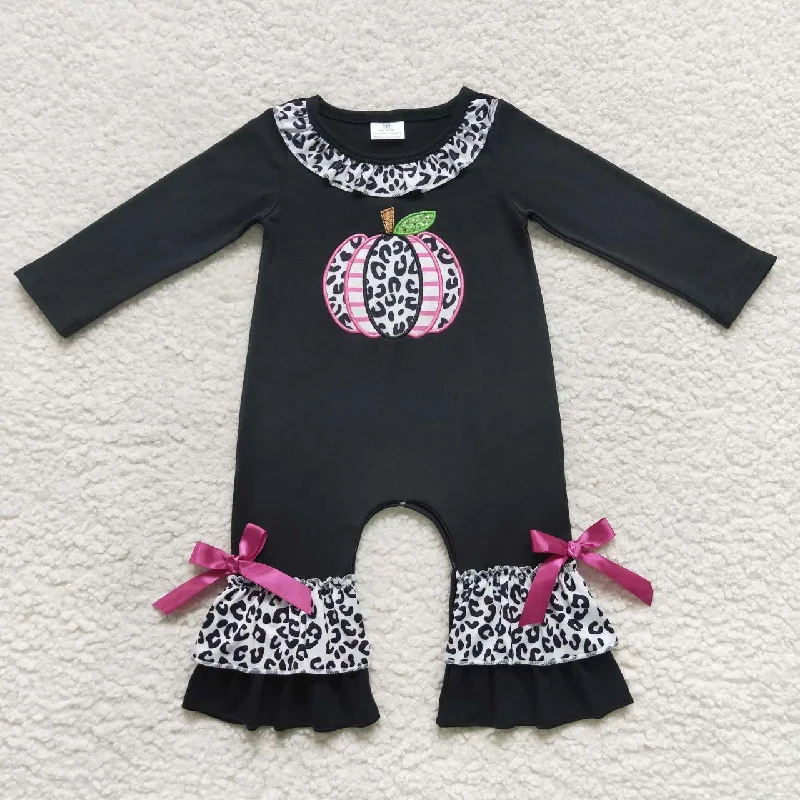 LR0618  Halloween Pumpkin Black Leopard Embroidery Girls Long Sleeve Romper Confident Men's Power