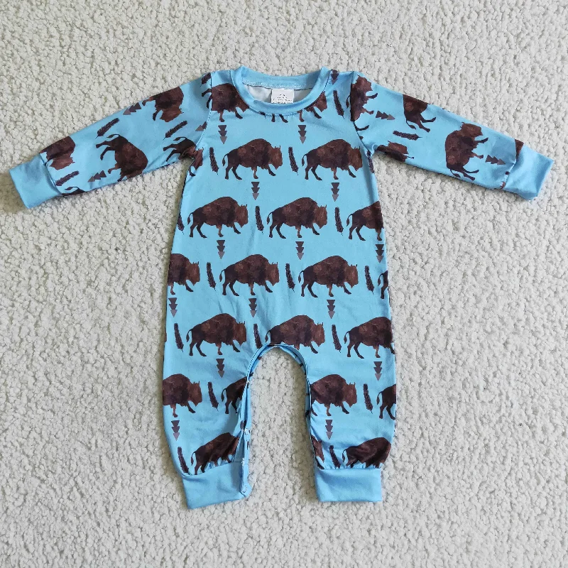 LR0057 Blue Highland Cows Cartoon Boys Long Sleeve Romper Gym