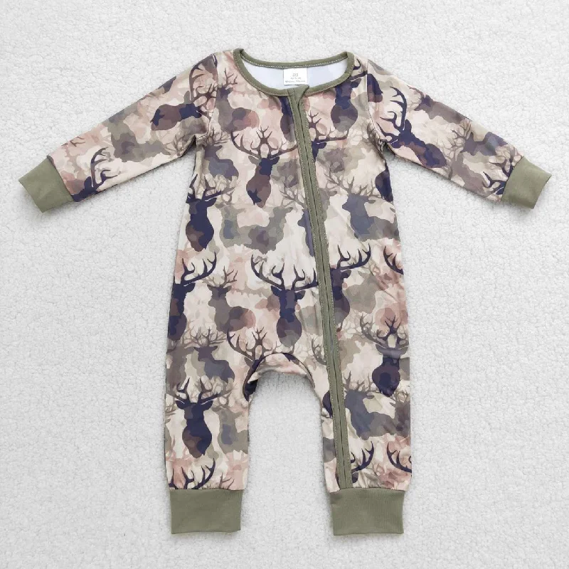 LR0662 Green Camo Deer   Zipper Boys Long Sleeve Romper Casual Men's Japanese 