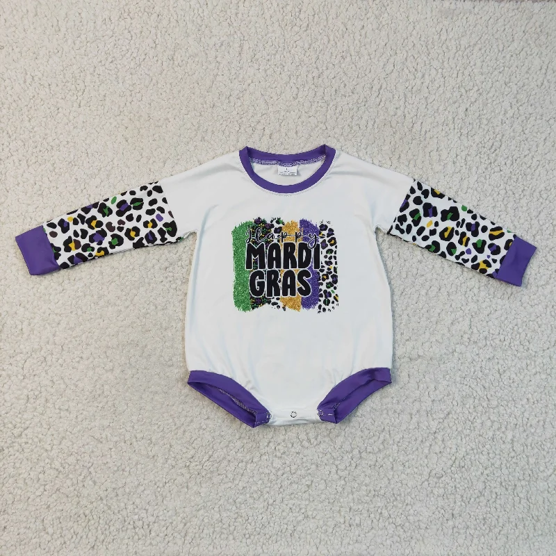 LR0226 Mardi Gras Purple Yellow Leopard Girls Long Sleeve Romper Sharp Men's Italian