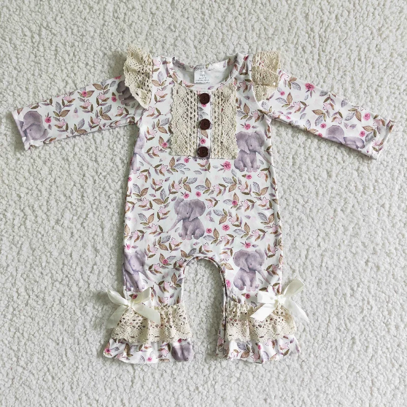 Clearance 6 A1-26 Pink Floral Elephant Lace Girls Long Sleeve Romper Organic