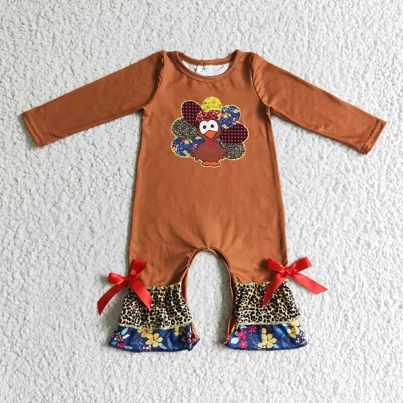 LR0171 Thanksgiving Turkey Brown Floral Girls Long Sleeve Romper Artistic Men's Hand