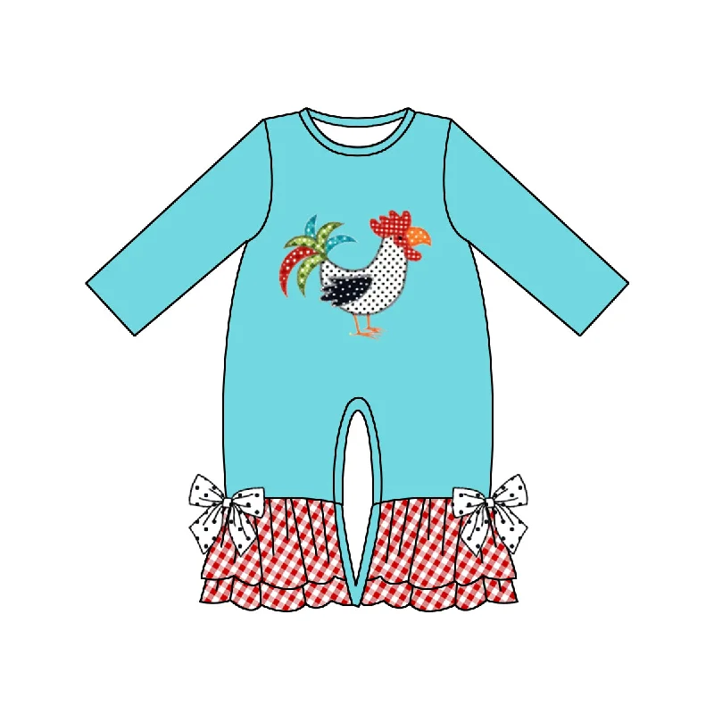 Preorder LR0361 Thanksgiving Blue Red Chicken Embroidery Girls Long Sleeve Romper British Gentleman Style