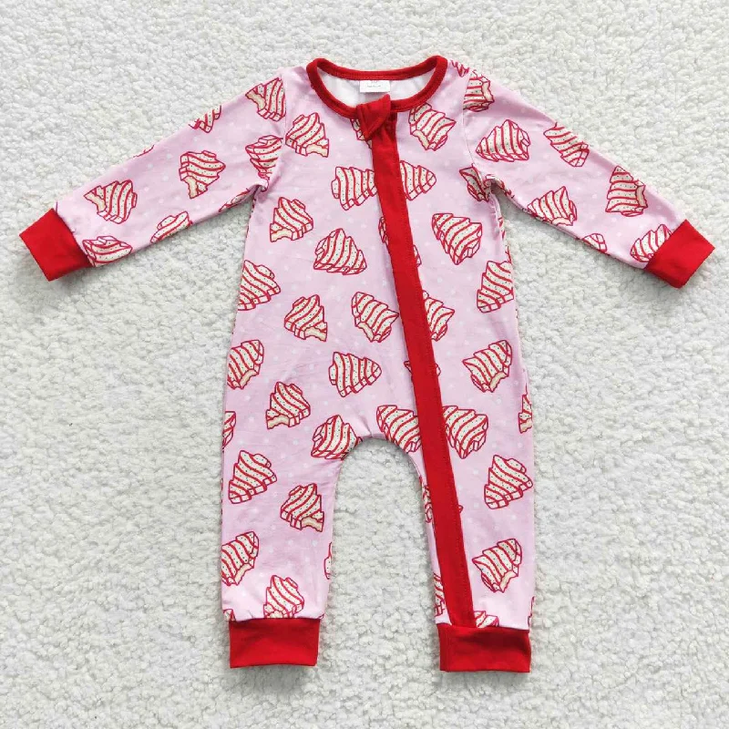 LR0340 Christmas Red Tree Print   Zipper Girls Long Sleeve Romper Street