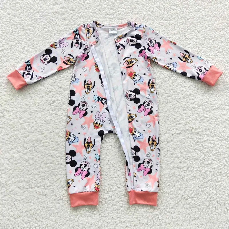 LR0298 M Cartoon Pink  Zipper Girls Long Sleeve Romper Cool Men's Distressed