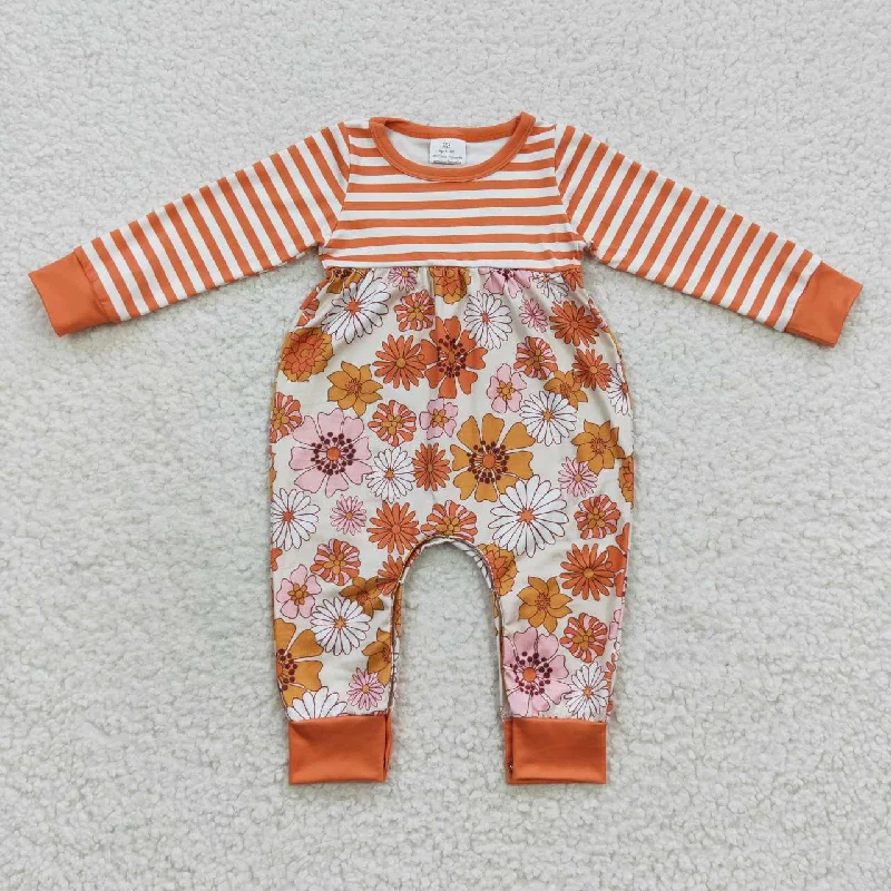 LR0323  Orange Stripes Floral Flower Girls Long Sleeve Romper Artistic Men's Avant