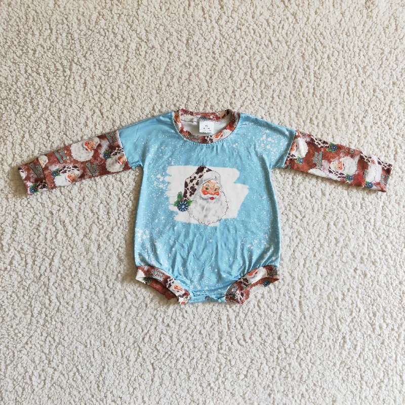 LR0175 Happy Christmas Blue Leopard Santa Girls Long Sleeve Romper Cool Men's Distressed