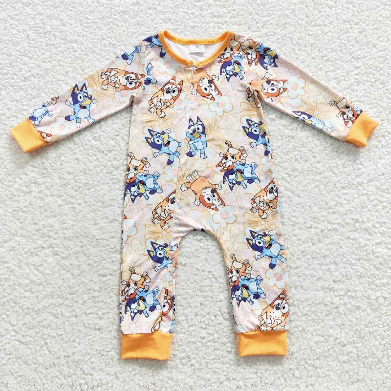 LR0360 Yellow Blue Dog Cartoon Zipper Girls Long Sleeve Romper Sleek Men's Contemporary 