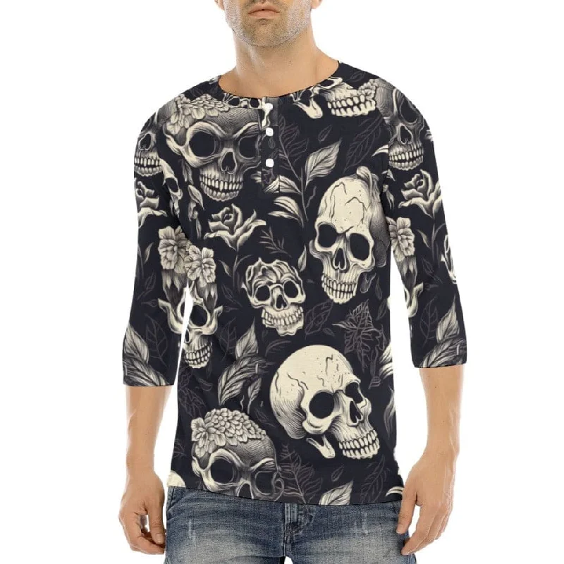 Men's Black With Skulls Long Sleeve T-shirt With Button Closure Casual Men's Japanese 