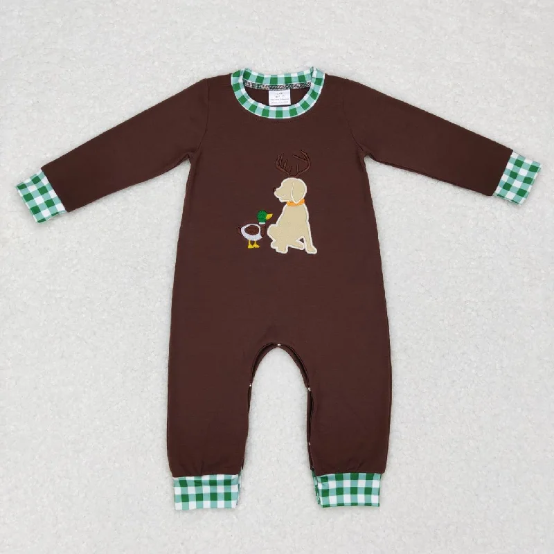 LR0591 Brown Green Dog Duck Embroidery Boys Long Sleeve Romper Refined Men's Classic 