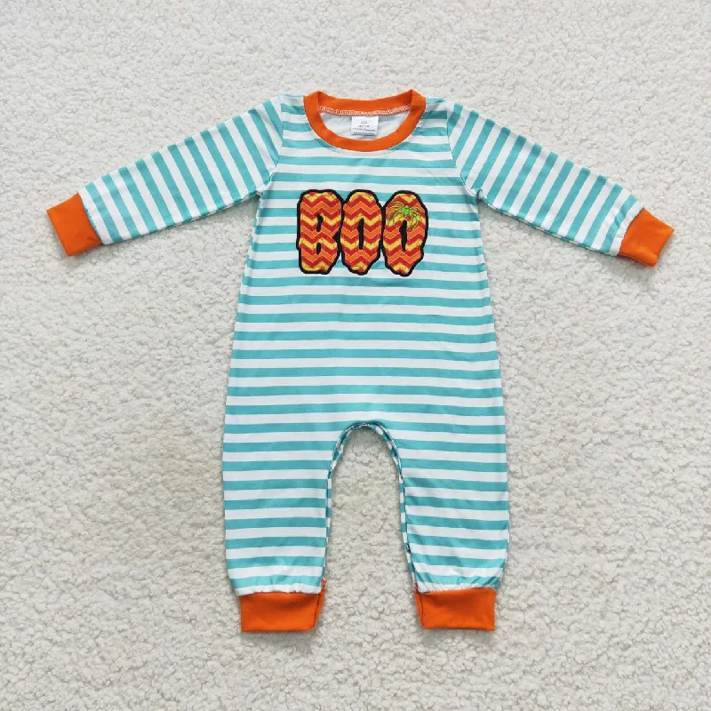 LR0620 Halloween Pumpkin Orange Blue Boo Embroidery Girls Long Sleeve Romper Refined Men's Velvet