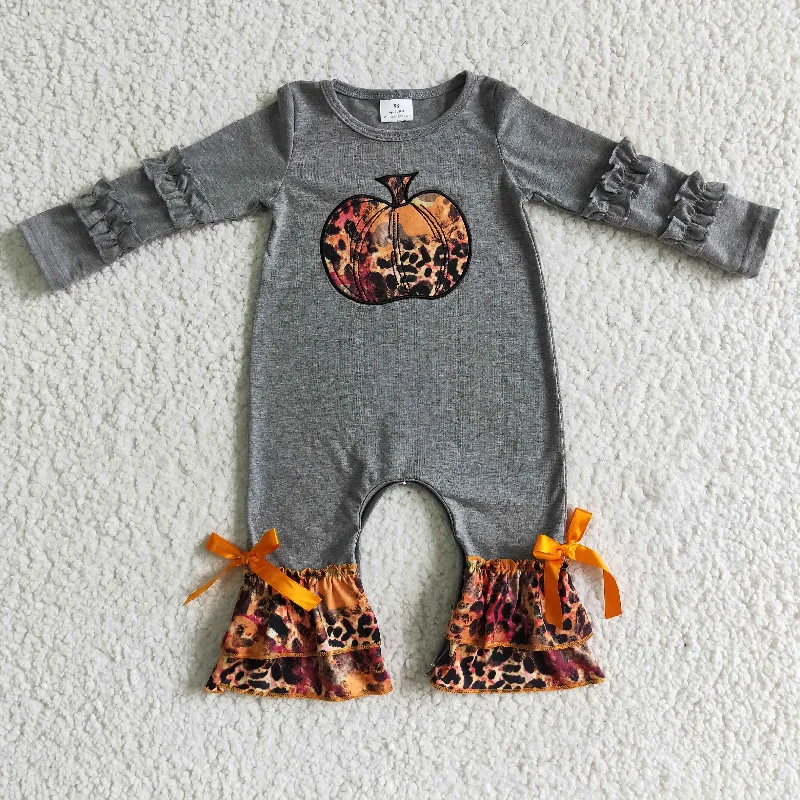 LR0139 Halloween Pumpkin Grey Leopard Ruffles Embroidery Girls Long Sleeve Romper Bold Men's Animal