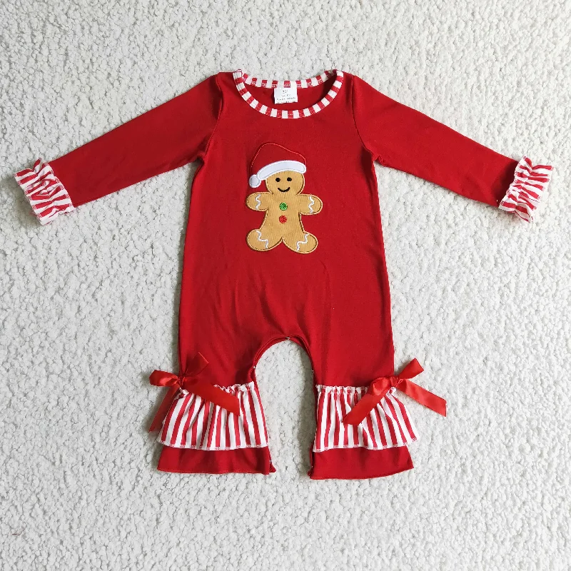 LR0196 Christmas Red Stripes Santa Gingerbread Cake Cookies Embroidery Girls Long Sleeve Romper Refined Men's Classic 